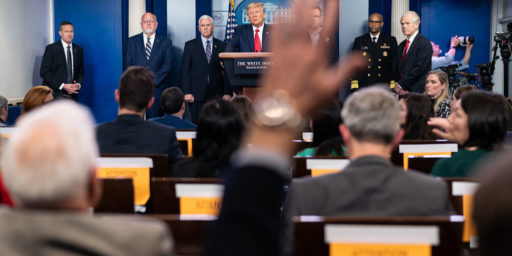President Donald J. Trump listens to a reporter’s question during the coronavirus (COVID-19) update briefing Sunday, March 22, 2020, in the James S. Brady Press Briefing Room of the White House. (Official White House Photo by Andrea Hanks)