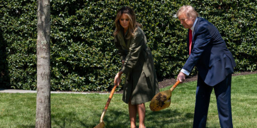President Donald J. Trump and First Lady Melania Trump participate in a tree planting ceremony in honor of Earth Day and Arbor Day Wednesday, April 22, 2020, on the South Lawn of the White House. (Official White House Photo by Andrea Hanks)