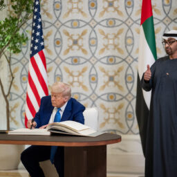 President Donald Trump signs the guest book at Qasr Al Watan in Abu Dhabi, United Arab Emirates, Thursday, May 15, 2025. (Official White House Photo by Daniel Torok)